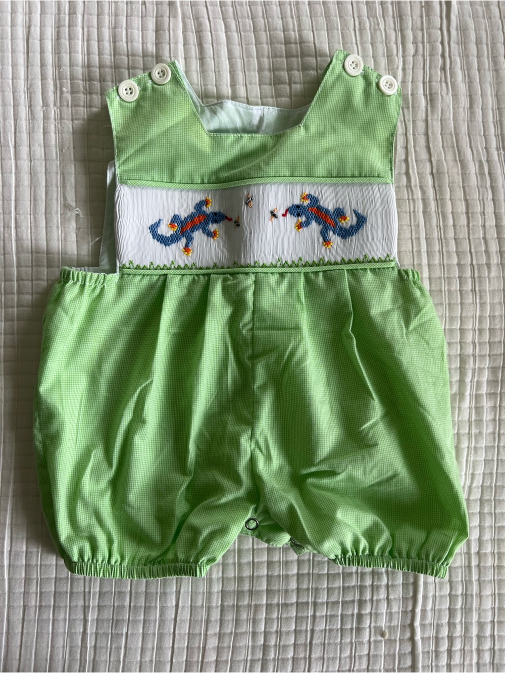 Light Green Smocked Baby One-Piece with Lizard Embroidery